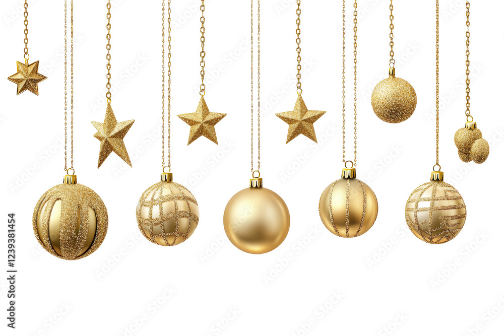 Isolated Collection of Gold Christmas Baubles and Stars on Strings Isolated Collection of Gold Christmas Baubles and Stars on Strings
