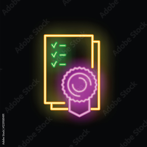 Glowing neon icon of completed documents with check marks receiving a seal of approval, quality assurance concept