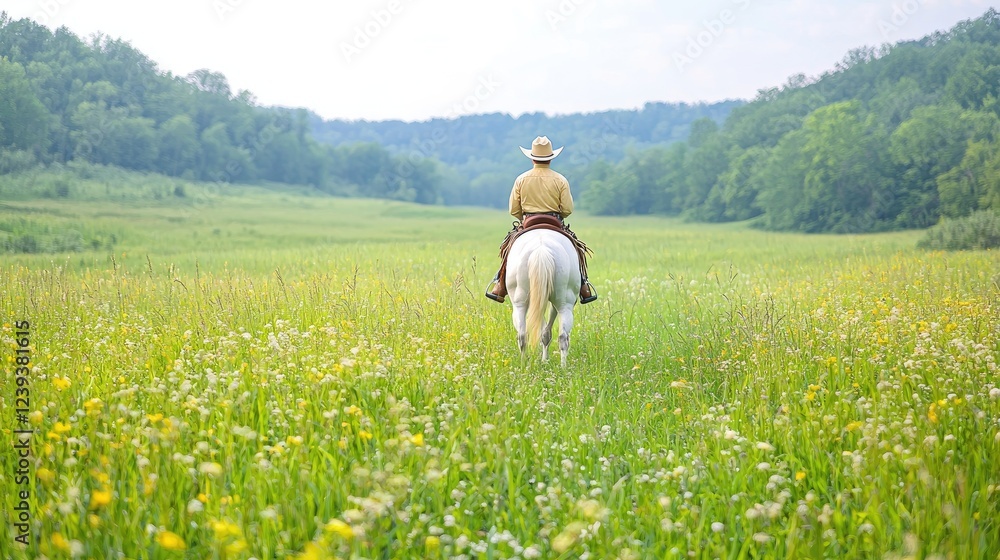 Fototapeta premium Cowboy horseback riding in field, summer day
