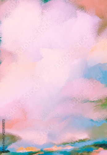 Impressionistic Sunset Sunrise Cloudscape w/ Dramatic Illuminated Clouds over Sea, Lake or River Water-Digital Painting, Illustration, Art, Artwork, Design in Soft Pastel Orange, Teal, Blue, Green