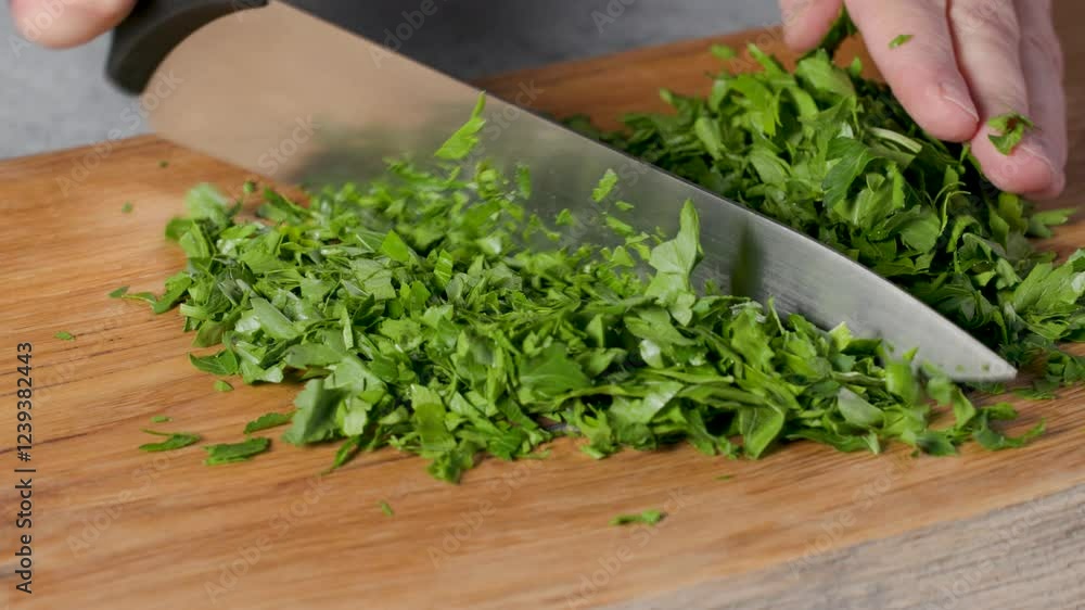 chef chopping fresh green parsley leaves on wooden cutting board in a home kitchen for making healthy vegan meal, food closeup chef chopping fresh green parsley leaves on wooden cutting board in a home kitchen for making healthy vegan meal, food closeup