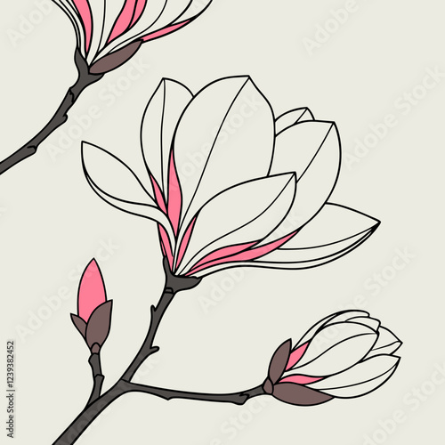 Magnolia flower with unopened bud in elegant vector style, thin lines and pastel tones. Concept: floral elegance, natural growth, botanical beauty.