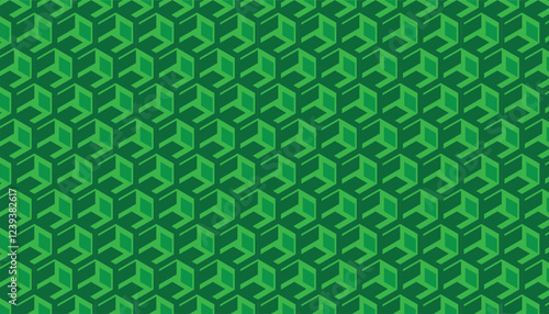 Simple geometric patterns and a limited color palette create a clean, modern and slightly retro feel. Isometric perspective pattern. in light and medium shades of green, giving the illusion of three d