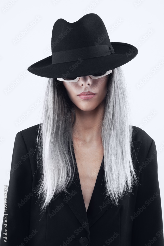 Fashion beautiful young woman with bleached long hair wearing sunglasses, black hat and black jacket, isolated on white background. For a magazine cover, advertising poster and web or shop banner Fashion beautiful young woman with bleached long hair wearing sunglasses, black hat and black jacket, isolated on white background. For a magazine cover, advertising poster and web or shop banner