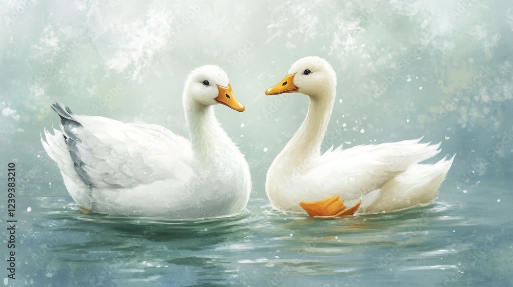 White goose swimming beside a white duck. Close-up with visible feathers and feet details. White goose swimming beside a white duck. Close-up with visible feathers and feet details.