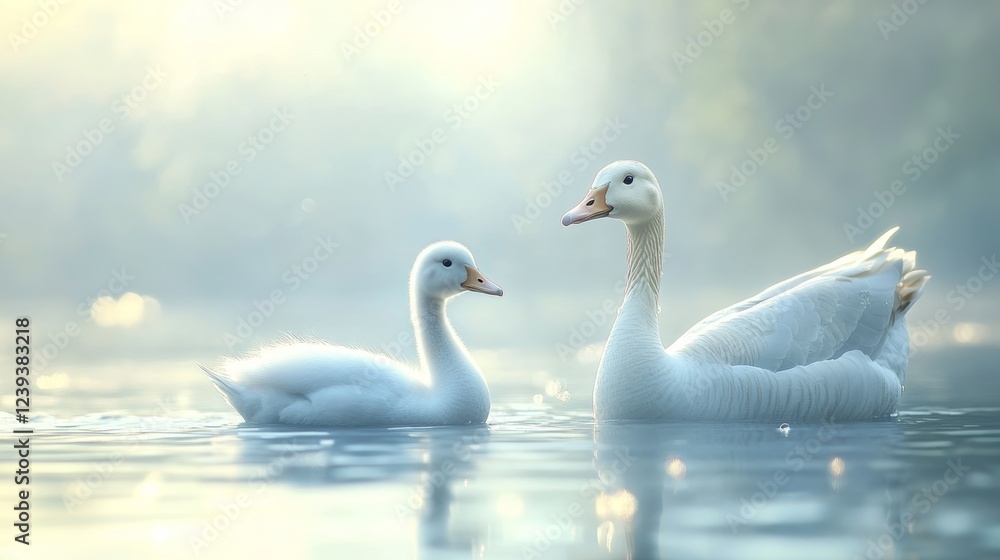 Fototapeta premium White goose swimming beside a white duck. Close-up with visible feathers and feet details. 