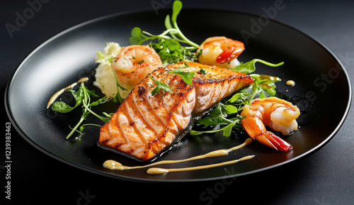 food fish elegant gourmet black plate top view lunch dinnerdish meal fine dining closeup green sea seafood shrimp beautiful modern  photo