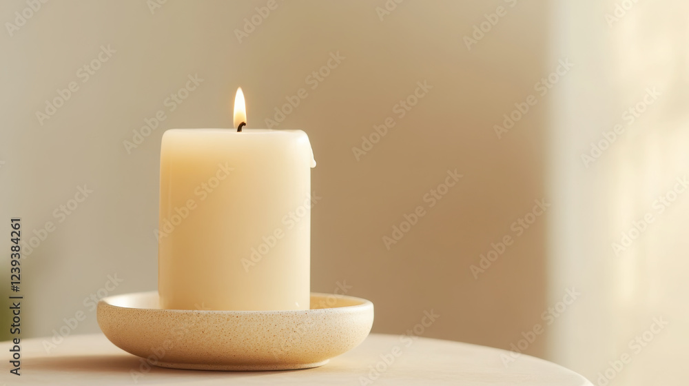 Elegant hand poured candle on ceramic dish for relaxation and home decor Elegant hand poured candle on ceramic dish for relaxation and home decor