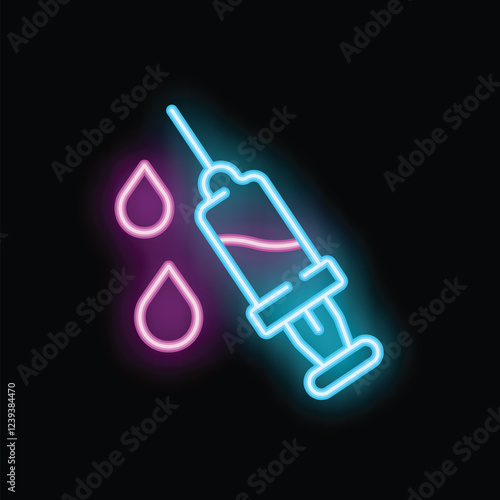 Neon icon of a syringe dripping with liquid and two blood drops, evoking drug addiction or medical treatment