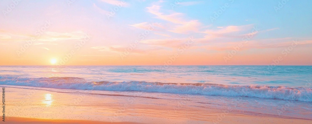 Fototapeta premium A serene beach scene at sunset, with vibrant colors illuminating the sky and gentle waves lapping at the shore.