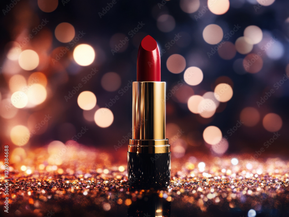 A single tube of vibrant red lipstick stands elegantly amidst a bed of red, star-shaped confetti, reflecting in a glossy surface. The background is a bokeh of warm, red and purple lights. A single tube of vibrant red lipstick stands elegantly amidst a bed of red, star-shaped confetti, reflecting in a glossy surface. The background is a bokeh of warm, red and purple lights.