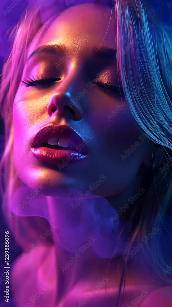 Woman with glowing skin and colorful lighting poses against a mystical backdrop during an expressive artistic moment Woman with glowing skin and colorful lighting poses against a mystical backdrop during an expressive artistic moment