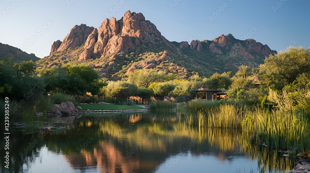Fototapeta premium Mountain resort pond reflection, sunrise