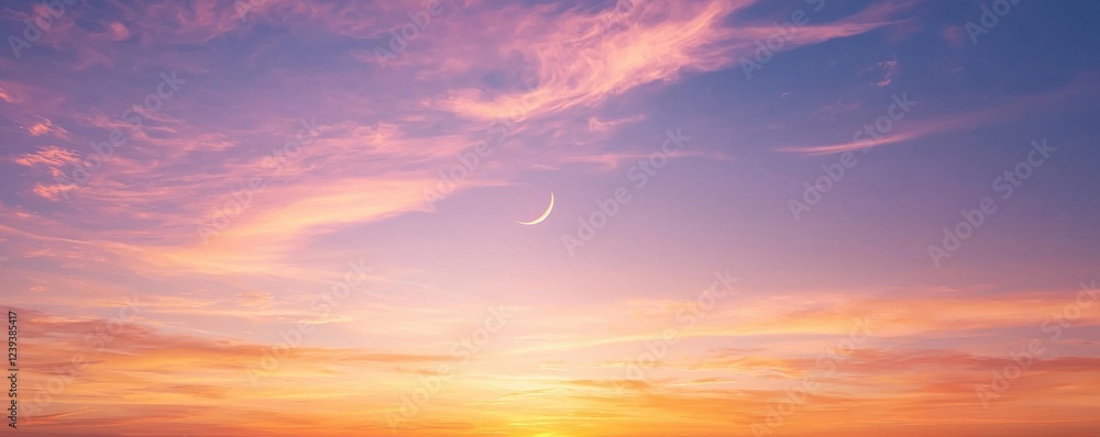 Obraz premium A serene sky at sunset, displaying hues of pink and purple with a delicate crescent moon.