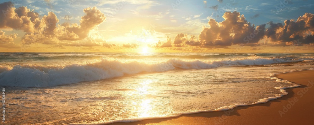 Naklejka premium A serene beach at sunset, with golden hues reflecting on the gentle waves and a sky dotted with clouds, creating a tranquil coastal scene.