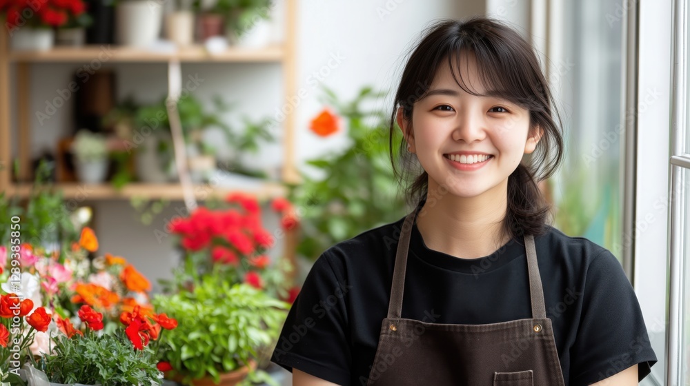 A young woman wearing an apron, smiling warmly in a flower shop filled with colorful plants. A young woman wearing an apron, smiling warmly in a flower shop filled with colorful plants.