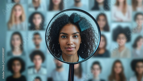 Magnifying glass highlights new talent among employee portraits. 