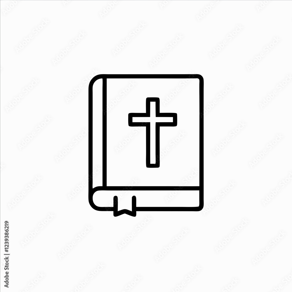 Simple line drawing of closed bible with cross and bookmark. Minimalist religious icon design on clean background. Concept of: religious education, church services, faith community. Simple line drawing of closed bible with cross and bookmark. Minimalist religious icon design on clean background. Concept of: religious education, church services, faith community.