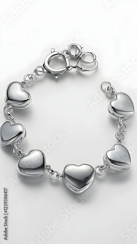 A single silver bracelet with heart-shaped charms against pure white background