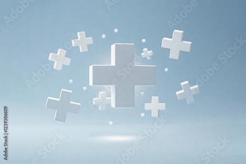 Plus Sign Explosion: 3D Render of White Plus Symbols Floating in Light Blue Space