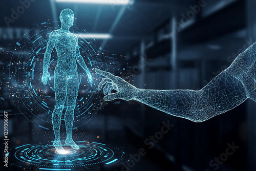 3D Render of Wireframe Human and Hand, Exploring Technology and Interaction