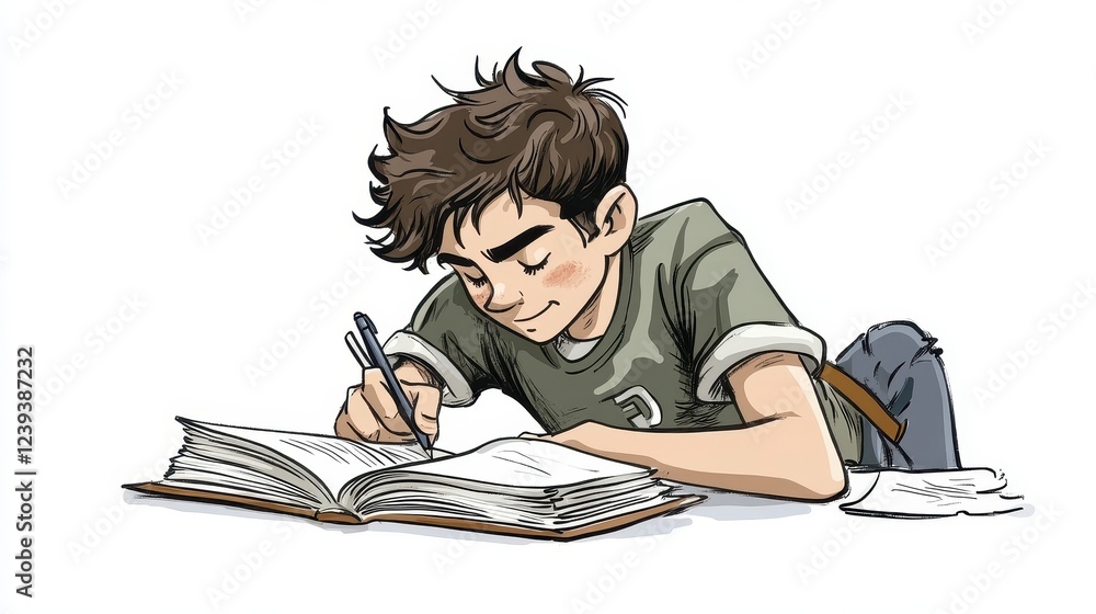 Young Boy Engaged in Creative Writing on a Blank Page Young Boy Engaged in Creative Writing on a Blank Page