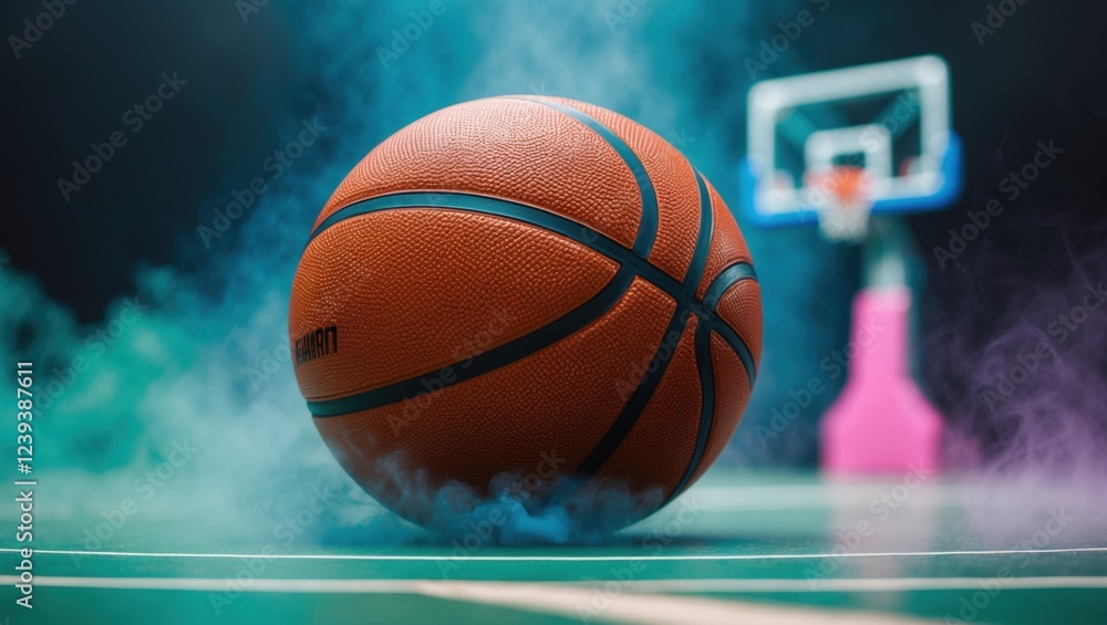Fototapeta premium close-up of a basketball in the foreground. The basketball is in the center of the image, with the ball facing towards the right side of the frame. The background is dark and blurred