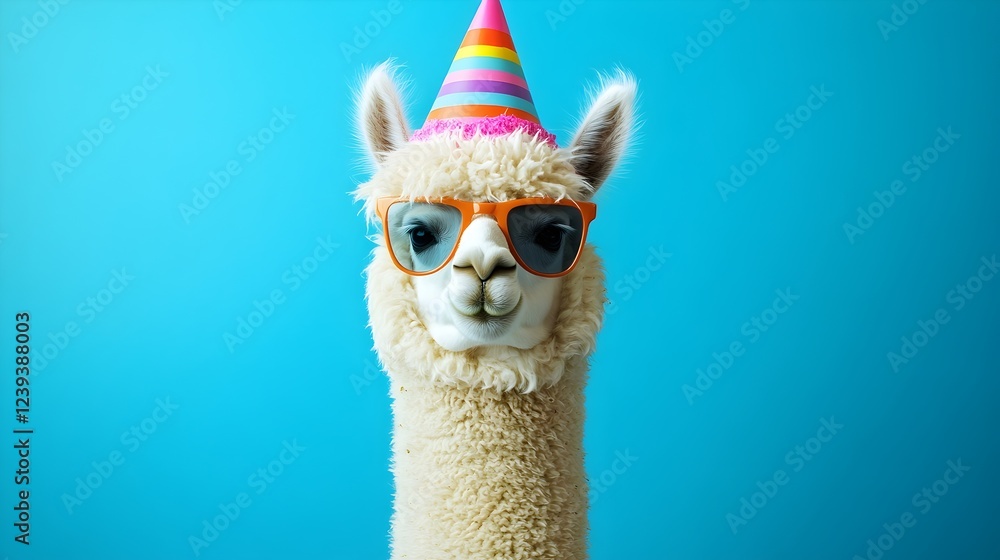 Fototapeta premium Adorable Alpaca Wearing Sunglasses and Party Hat Fun Festive Animal Portrait Blue Background Happy Birthday Celebration Cute Fluffy Cream Alpaca 