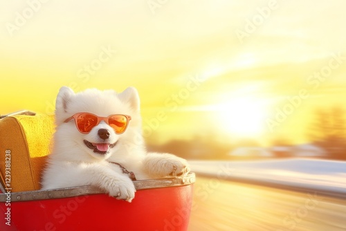 Samoyed Puppy Motorcycle Sidecar Adventure - Adorable Samoyed puppy enjoys a sunset ride in a vintage motorcycle sidecar, symbolizing freedom, adventure, joy, companionship, and childhood. photo