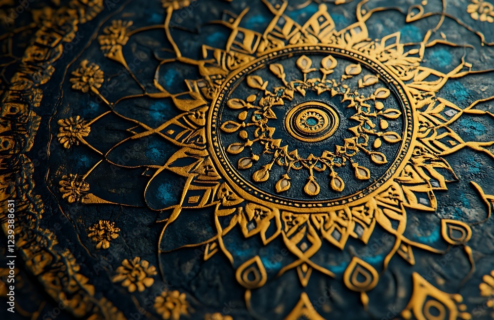 Intricate Golden Mandala Design on Textured Blue Background, Featuring Floral and Spiral Patterns Radiating from the Center
Intricate Golden Mandala Design on Textured Blue Background, Featuring Floral and Spiral Patterns Radiating from the Center