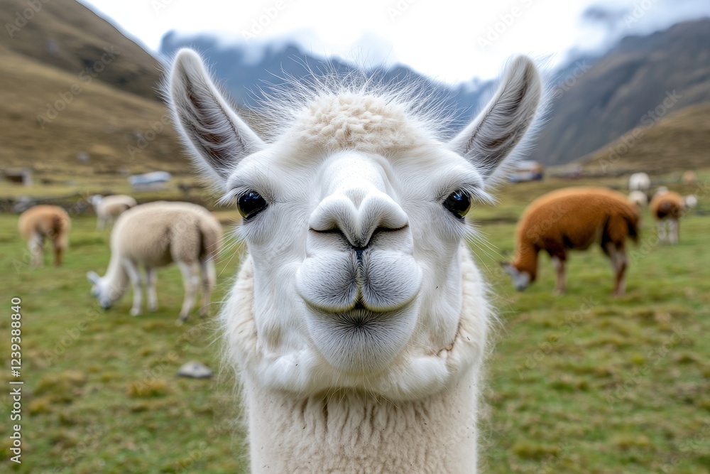 Obraz premium Humorous white llama smiling in the foreground with grazing llamas behind it in Peru