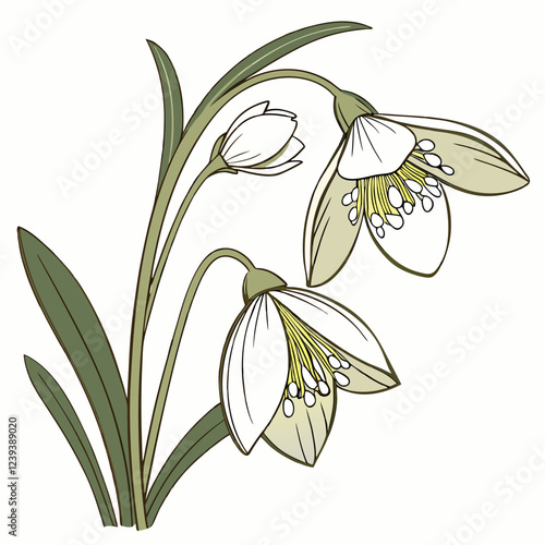 Hand-drawn style illustration of snowdrop flowers with green stems on white background. Concepts: early spring bloom, botanical sketch, seasonal plant, floral simplicity, nature drawing.