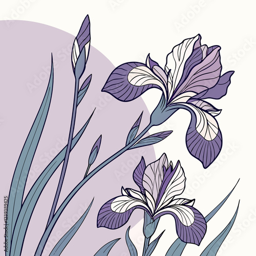 Two graceful iris flowers unfold in rich purple and white. Art nouveau-inspired linework against soft lavender circle. Concept: Beauty products, botanical art, spring fashion.