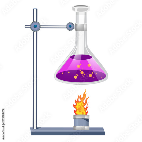 flask for experiments with purple liquid and holder with fire