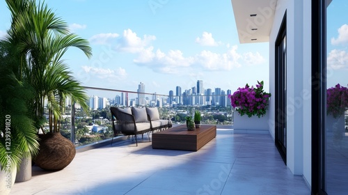 Serene Rooftop Oasis  Modern City Balcony View - Tranquil cityscape balcony  modern furniture  lush plants  serene view  urban escape.  Symbolising peace  luxury  modern living  nature  and city life.
