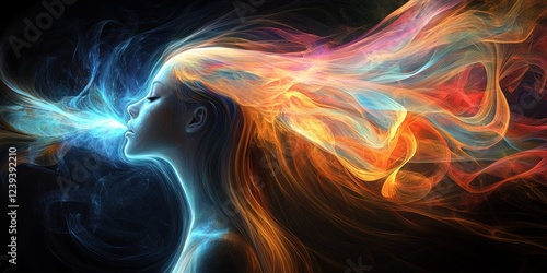 Breath of  Creation: A Woman's ethereal form, radiating vibrant energy and releasing colorful smoke-like essence, symbolizing life's transformative power.
