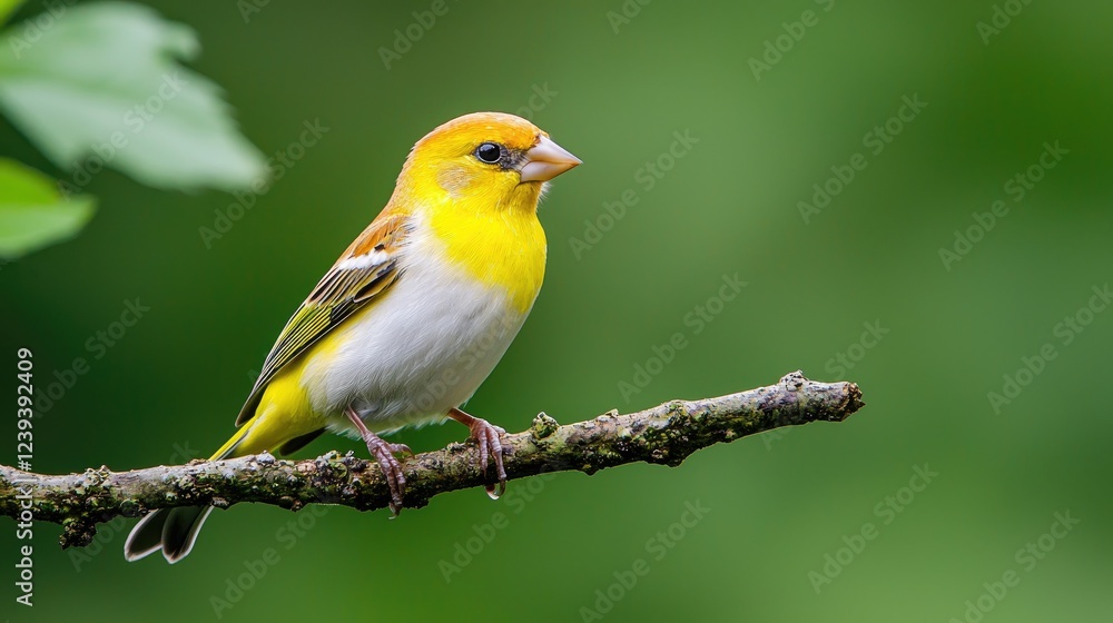 Yellow bird perched on branch, green background, nature scene, wildlife photography Yellow bird perched on branch, green background, nature scene, wildlife photography