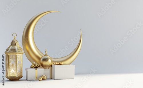 Elegant golden crescent moon and lantern with gift boxes for holiday celebration photo