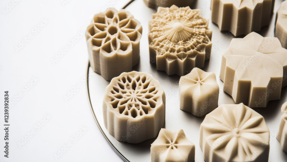 Intricate geometric patterns of 3d printed cookies on display Intricate geometric patterns of 3d printed cookies on display