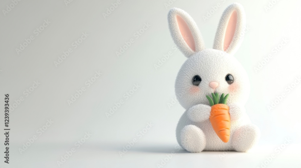 Obraz premium Cute Soft Bunny Holding Carrot on White Background for Kids Themes