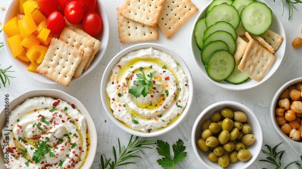 A flat lay of healthy snacks, including sliced veggies, hummus, and whole-grain crackers, on a white table. Perfect for a balanced diet A flat lay of healthy snacks, including sliced veggies, hummus, and whole-grain crackers, on a white table. Perfect for a balanced diet
