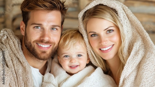 Happy family portrait, cozy home, wooden background, family love photo