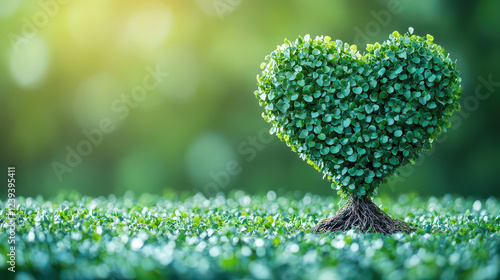 green heart shape tree grow on grass background with bokeh, idea of earth day, copy space