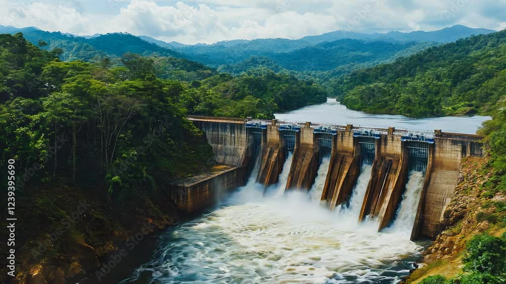 Water cascading over a dam in a lush green landscape. The dam is made of concrete and spans a wide river. Surrounding hills are covered in dense tropical Water cascading over a dam in a lush green landscape. The dam is made of concrete and spans a wide river. Surrounding hills are covered in dense tropical