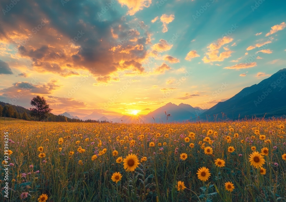 Obraz premium Daisies and sunflowers bask in the light on the sunny Greek isles, radiating beauty through a bokeh-filtered serene landscape