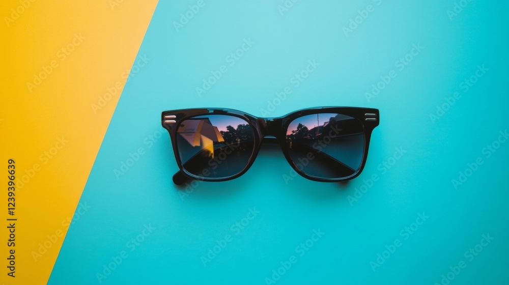 Stylish sunglasses on a vibrant yellow and blue background