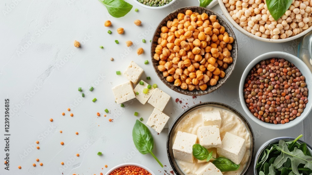 A flat lay of plant-based proteins, such as tofu, chickpeas, and lentils, on a white table. Perfect for a balanced vegetarian diet A flat lay of plant-based proteins, such as tofu, chickpeas, and lentils, on a white table. Perfect for a balanced vegetarian diet