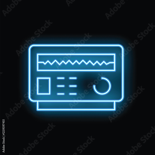 Glowing blue neon icon of a heart rate monitor displaying vital signs, representing healthcare and medical technology