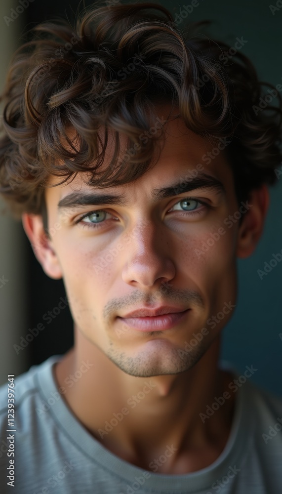A close-up portrait of a young man with curly hair and striking blue eyes, conveying confidence and charisma. Perfect for lifestyle and beauty campaigns. A close-up portrait of a young man with curly hair and striking blue eyes, conveying confidence and charisma. Perfect for lifestyle and beauty campaigns.