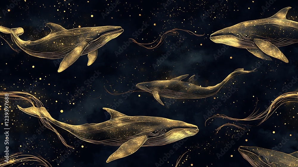 Whales with Glowing Patterns in Starry Ocean Whales with Glowing Patterns in Starry Ocean